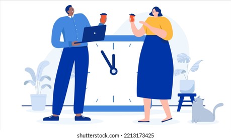 Descanso de café en el trabajo - Ilustración vectorial del hombre y la mujer tomando un descanso del trabajo, sonriendo y hablando juntos. Diseño plano con fondo blanco