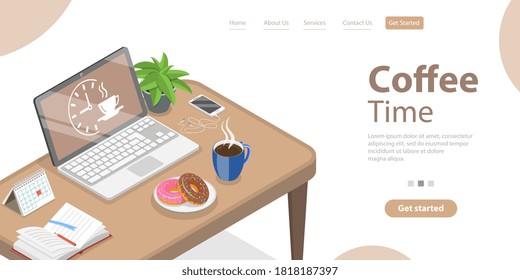 Kaffeepause zu Hause arbeitet, eine Pause während eines Arbeitstages, Landing Page Template. 3D Isometrische Flache Vektorkonzeptuelle Illustration.