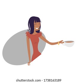 
Coffee break. A young brunette woman is laughing in a red dress with a cup of coffee. Cartoon illustration, character, vector.