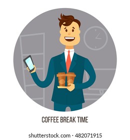 Coffee break. Young businessman or office worker with two cups of coffee and smart phone .Business concept . Cartoon flat style illustration