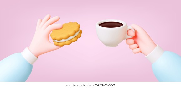 Coffee breakfast 3d concept. Espresso americano and biscuit. Hands hold white cup and cookies with praline. Render realistic pithy vector food banner