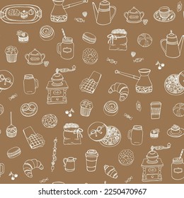 Coffee Breakfast cafe vector seamless pattern.