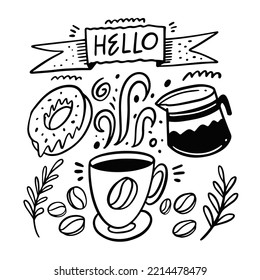 Coffee breakfast doodle objects set. Hand drawn outline vector illustration. Isolated on white background.