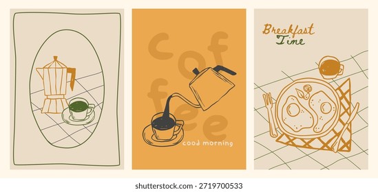 Carteles del doodle del desayuno del café en estilo del bosquejo del crayón - pote del moka con la taza en la mesa, vertiendo en la taza para la buena mañana, los huevos fritos y el espresso. Conjunto de iconos de cafetería para decoración de arte de pared de menú o cocina.