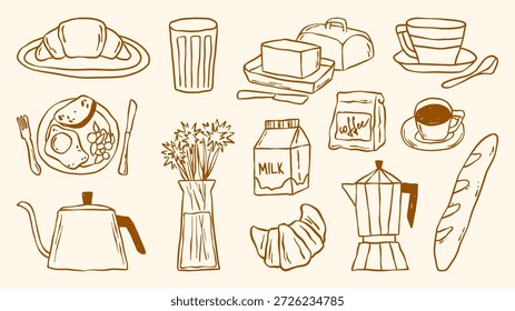 Coffee breakfast doodle set with crayon sketch style - cup on saucer, croissant and butter block, milk pack, teapot and baguette bread. Cafe icons in line illustration for menu or kitchen designs.
