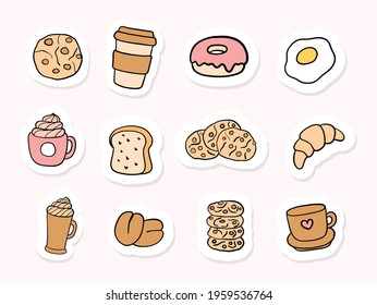 Coffee and breakfast flat design element. Sticker and planner
