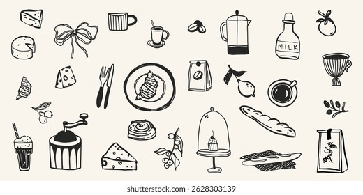 Coffee breakfast food doodle hand drawn in simple line style. Vector whimsical illustration for party, menu illustration design, restaurant, cafe. 