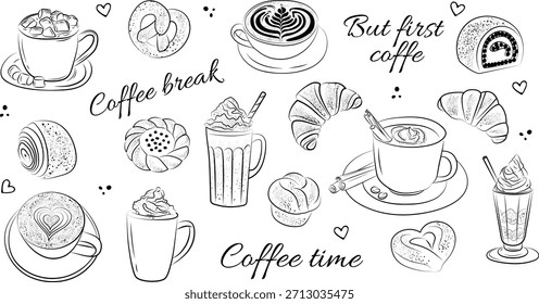 café e café da manhã itens em um estilo de esboço