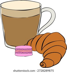 Coffee breakfast. Coffee mug and pastry. Take away bakery food, americano cappuccino espresso. Croissant macaron Cafe composition hand drawn illustration. Vector graphic line ink colored art.
