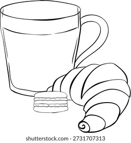 Coffee breakfast. Coffee mug and pastry. Take away bakery food, americano cappuccino espresso. Croissant macaron Cafe composition hand drawn illustration. Vector graphic line ink Black white art.
