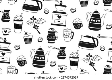 Coffee breakfast seamless pattern. Cartoon cup drink, beans and cezve pot. Cappuccino espresso mug boundless ornament. Linear vector endless design paper scrapbook coffeehouse menu