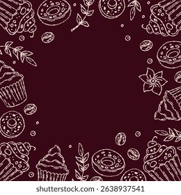 Coffee and breakfast themed background, simple contour icons. Dark outlines of sweets on a chocolate background, food. Space for the text.