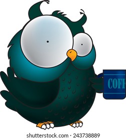 Coffee break.Funny looking owl holding cup of coffee.isolated on white background Vector illustration