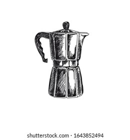 Coffee brewer hand drawn black and white vector illustration. Retro kettle sketch. Coffee brewing device monochrome design element. Vintage pot, kitchenware isolated on white background