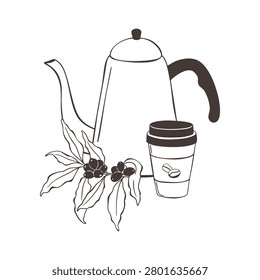 Coffee brewer pot, takeaway cup, branch, leaves and beans ink doodle whimsical vector hand drawn sketch illustration. Arraignment drink for cafeteria menu, branding, label element coffee shop