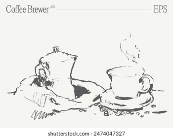 Coffee brewer and two cups in artistic style. Hand drawn vector illustration, sketch.