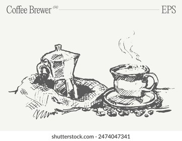 Coffee brewer and two cups in artistic style. Hand drawn vector illustration, sketch.