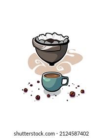Coffee brewing with abstract steam and coffee beans scattered around