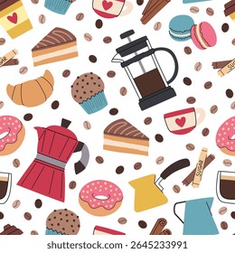 Coffee brewing accessories and sweets cartoon seamless pattern. Geyser coffee maker, cup, French press, croissant and other sweets. Seamless pattern on white background.