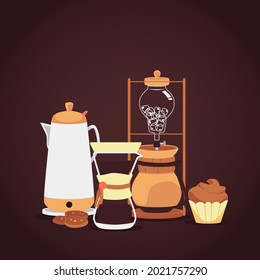 Coffee brewing alternative method. Equipment and kitchen utensils for making tasty cold drink with caffeine. Vector flat cartoon illustration.