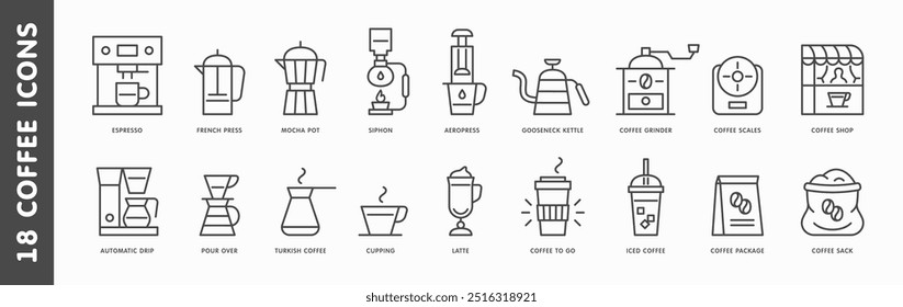 Conjunto de iconos de métodos alternativos de elaboración de café. Espresso, prensa francesa, mocha pot, verter encima, taza, icono de café turco. Pictograma de cafetería. Símbolo de Web de Vector o elemento de diseño de logotipo
