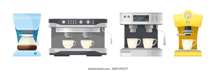 Coffee Brewing con Coffeemaker como Set de Vector de Aparato de Cocina de Café