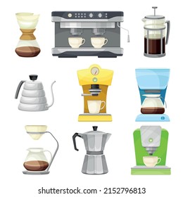 Elaboración de café con cafetera y cafetera y cafetera como conjunto de vectores de electrodomésticos de cocina para cafetera