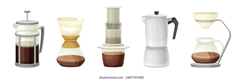 Coffee Brewing with Coffeemaker and Percolator as Cafe Cooking Appliance Vector Set