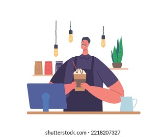 Coffee Brewing Concept. Freshly Brewed Drink In Hands Of Barista Wearing Apron. Bartender Character Hold Delicious Cappuccino, Espresso, Americano at Cashier Desk. Cartoon People Vector Illustration