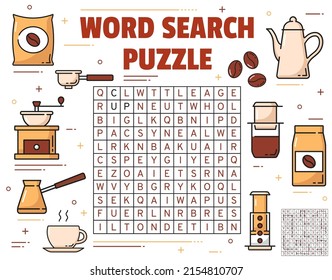 Coffee brewing, cup and beans on word search puzzle game worksheet. Children quiz grid or logical game, kids intelligence test or puzzle with coffee grinder, pot and cezve, beans bag, french press