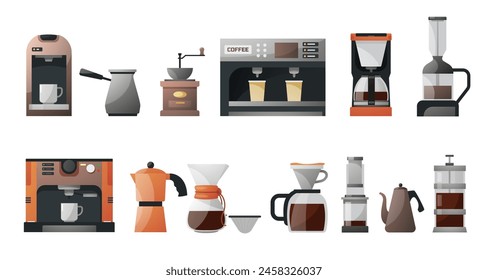 Coffee brewing devices. Pour over drip coffee maker, french press, cezve turkish pot, grinder, cup. Vector coffeehouse equipment set. Appliance for home or cafe