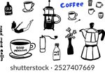 Coffee brewing doodle set, trendy line illustrations for coffee lovers, modern bold black art on white. Cups, mug, french press and moka pot icons. Manual mill drawing, flower vase, cold brew 