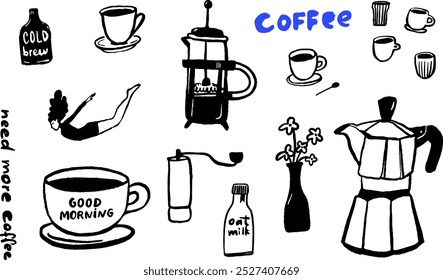 Coffee brewing doodle set, trendy line illustrations for coffee lovers, modern bold black art on white. Cups, mug, french press and moka pot icons. Manual mill drawing, flower vase, cold brew 