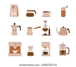 Coffee brewing equipment and accessories icon set. Vector illustration. Coffee cup, espresso machine, french press, geyser, siphon, cezve, grinder, beans, filter   