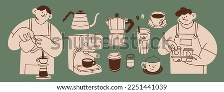 Coffee brewing equipment, Barista in apron. Isolated coffee elements. Coffee machine, mug, cup, milk pitcher, kettle. Collection for menu, coffee shop. Hand drawn modern Vector illustration
