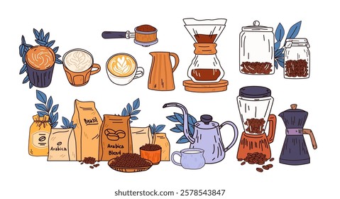 Coffee brewing equipment and beans illustration. Various coffee cups beans brewing tools jars and leaves in a colorful arrangement. Perfect for kitchen decor or cafe design