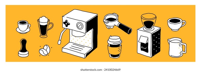 Equipo de elaboración de café. Colecciones de molino de café, portafiltro, jarra de leche, máquina de expreso y otros suministros baristas. Ilustración del vector del doodle dibujado a mano  