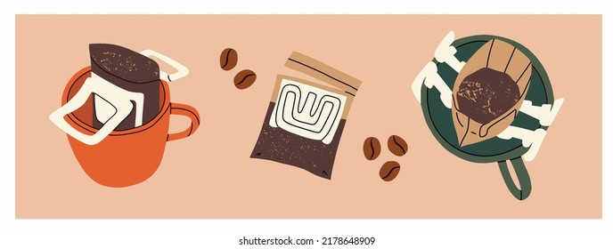 Coffee Brewing Equipment. Drip Coffee. Hand Drawn Modern Vector Illustrations. 