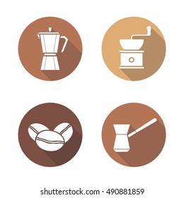 Coffee brewing equipment flat design long shadow icons set. Moka pot, classic coffee maker, turkish cezve, grinder and beans. Vector silhouette illustration