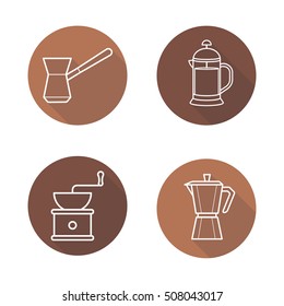Coffee brewing equipment. Flat linear long shadow icons set. Moka pot, turkish cezve, grinder, french press. Vector line illustration