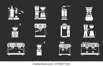 Coffee brewing equipment icon set, espresso machines grinders french press pour over maker and coffee tools vector illustration isolated barista cafe equipment collection