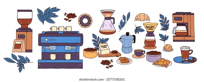 Coffee brewing equipment and pastries collection featuring espresso machine grinder moka pot croissants cookies and coffee beans with decorative leaves