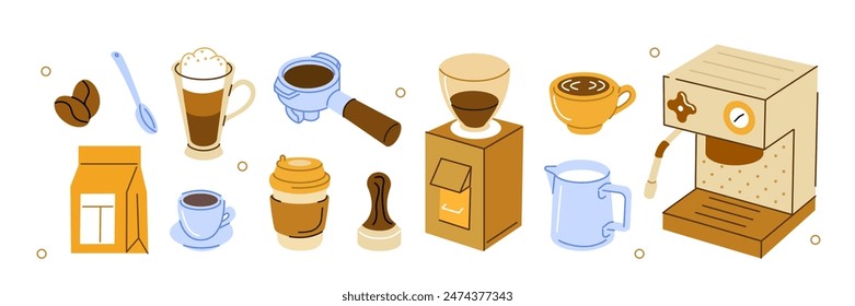 Set de equipo de elaboración de café. Colecciones de molinillo de café, portafilter, jarra de leche, máquina de café expreso y otros suministros de barista. Garabato dibujado a mano. Ilustración vectorial.