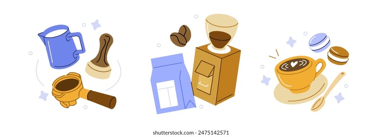 Coffee brewing equipment set. Collections of coffee grinder, portafilter, milk pitcher, tamper and other barista supplies for espresso making. Hand drawn doodle. Vector illustration.