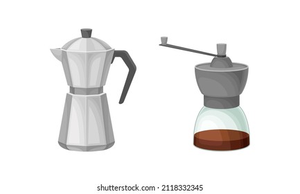 Coffee Brewing Equipment Set. Geyser Coffee Maker And Grinder Vector Illustration