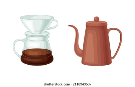 Coffee Brewing Equipment Set. Glass Coffee Pot And Teapot Vector Illustration