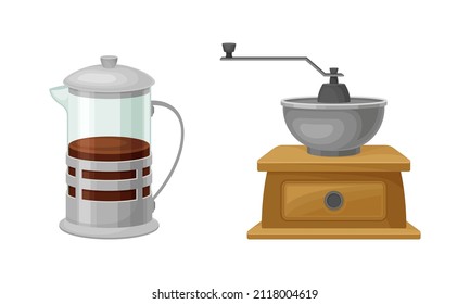 Coffee Brewing Equipment Set. Coffee Grinder And French Press Vector Illustration