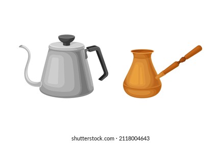 Coffee brewing equipment set. Metal teapot and turkish cezve vector illustration