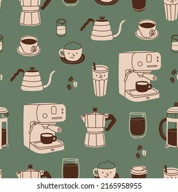 Coffee brewing equipment. Various coffee elements. French press, coffee machine, mug, cup, milk pitcher, moka, kettle. Coffee lovers theme. Hand drawn Vector illustration. Square seamless Pattern