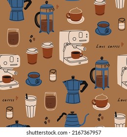 Coffee brewing equipment. Various coffee elements. French press, coffee machine, mug, cup, milk pitcher, moka, kettle. Coffee lovers theme. Hand drawn Vector illustration. Square seamless Pattern